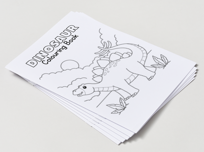 Dinosaur coloring book with a stack of pages on a light gray background