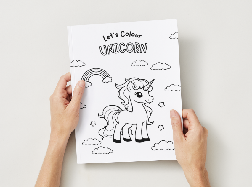 Coloring book with a unicorn on a white background