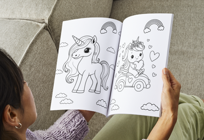 Person coloring a unicorn and fairy illustration in a coloring book.