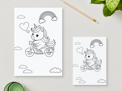 Two coloring pages of a unicorn riding a motorcycle on a light gray background.